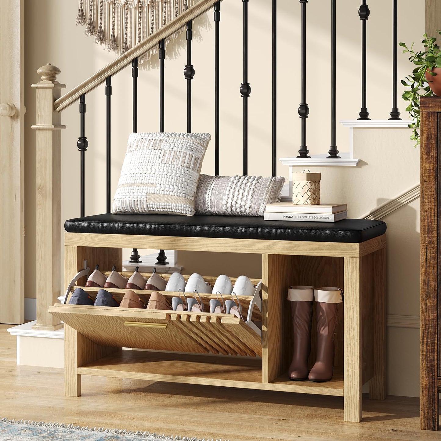 UNIQUITE 40" Shoe Storage Bench with Flip Drawers & Padded Seat Cushion, Open Compartments & Slatted Doors, Entryway Bench with Shoe Storage for Entryway, Hallway, Living Room, Bedroom, Natural