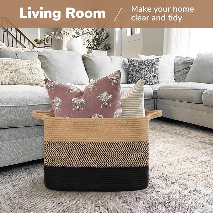 Goodpick Large Woven Basket 18" x 14" x 12" Cotton Rope Storage Baskets for Organizing, Rectangle Wicker Laundry Basket with Handles, Toy Baskets for Kids, Black & Jute