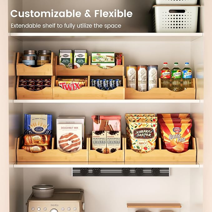 Potato and Onion Storage Bin, 2 Tier Bamboo Kitchen Storage Rack, Stackable Ventilated Pantry Organizer with Handles for Garlic Peppers Vegetables, Countertop Produce Bins, Natural Brown