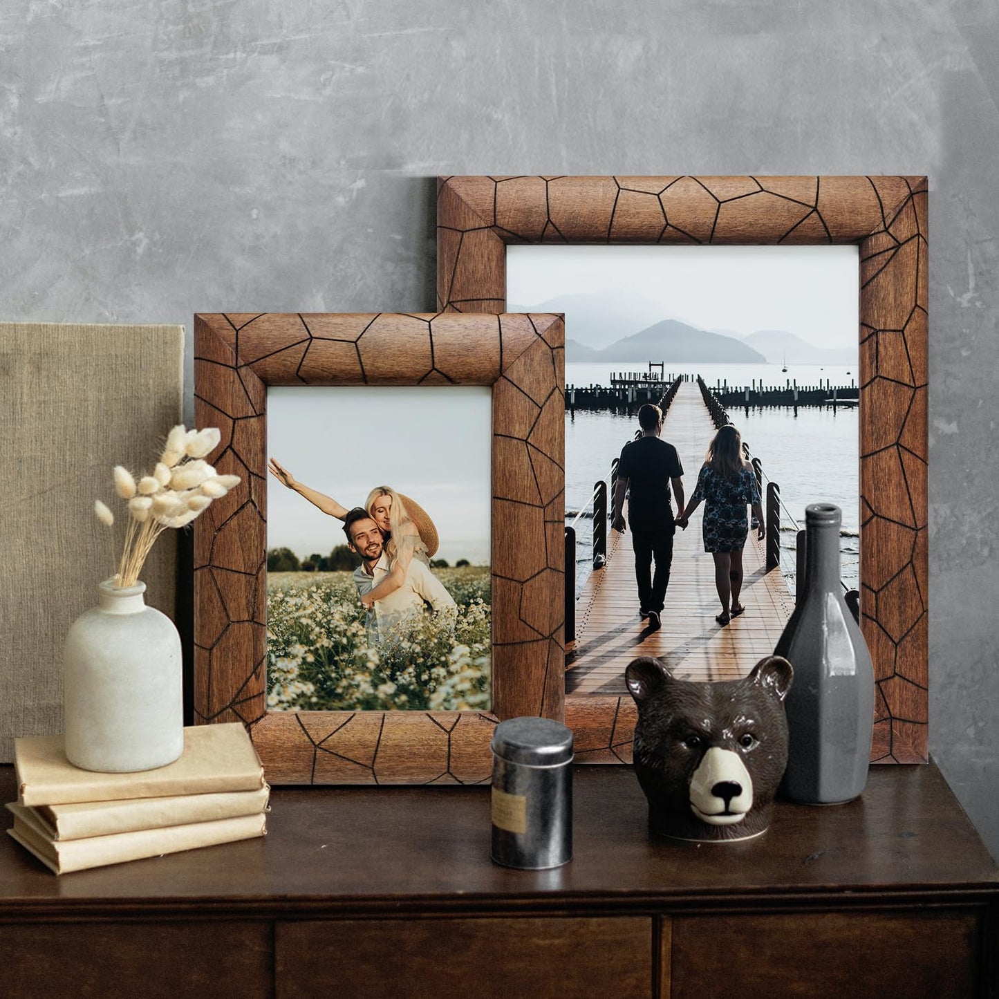 Eosglac 8x10 Picture Frame Wood, with Laser-Etched Cracked Texture, 8 x 10 Brown Rustic Wood Frames Farmhouse Countryside Decor Display Tabletop or Wall