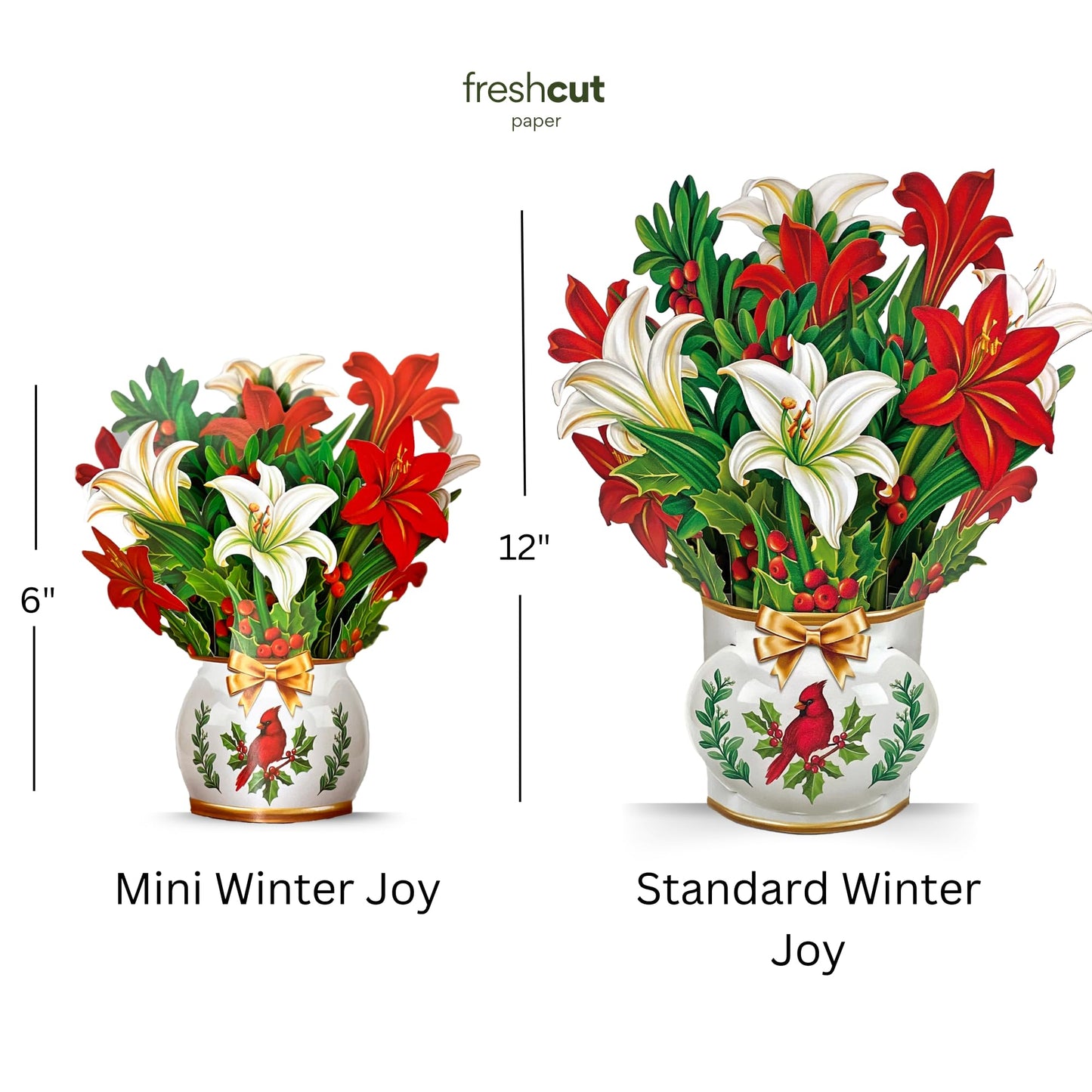 Freshcut Paper Pop Up Cards, Mini Winter Joy, 6 inch Mini Sized Paper Flower Bouquet 3D Popup Greeting Cards, Christmas Card, Holiday Card, Blank Notecards & Envelopes, Pack of 5