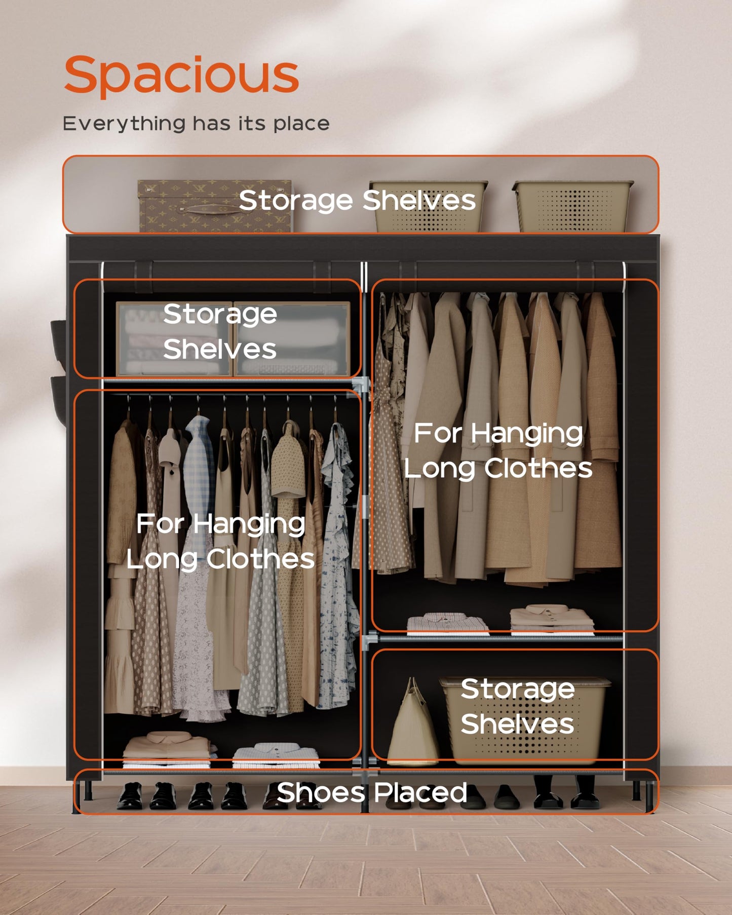 CASAMAYA Portable Closet, 61.8 Inch Large Capacity Wardrobe Closet with Cover, Clothes Storage Organizer with Shelves and 2 Hanging Rods, Easy to Assembly, Black PCT222B01