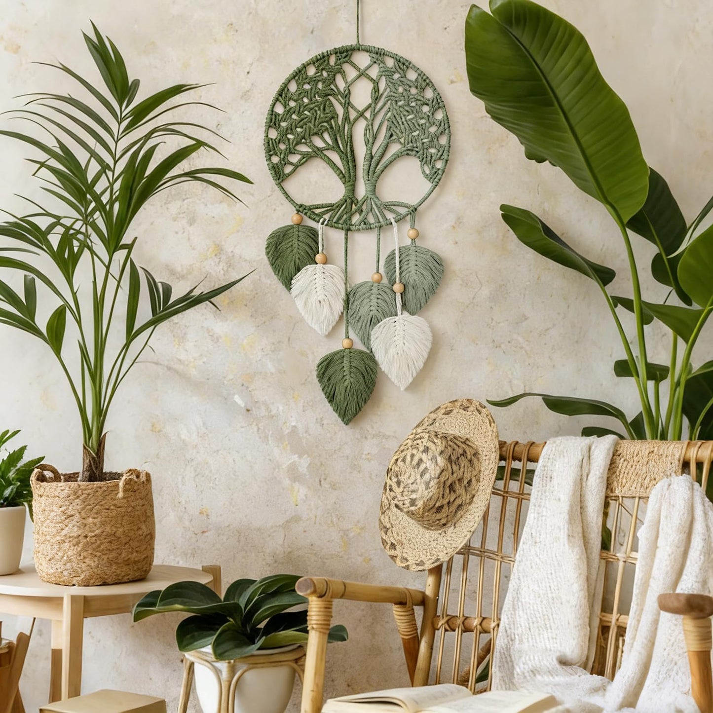 GYHPD Finished Macrame Green Leaves Tree Of Life, No Weaving Required, Boho Wall Decor, Handmade Home Decor, New Home Gift, Unique Decor Art, Handmade Enthusiast Gift for Home Living Room Bedroom