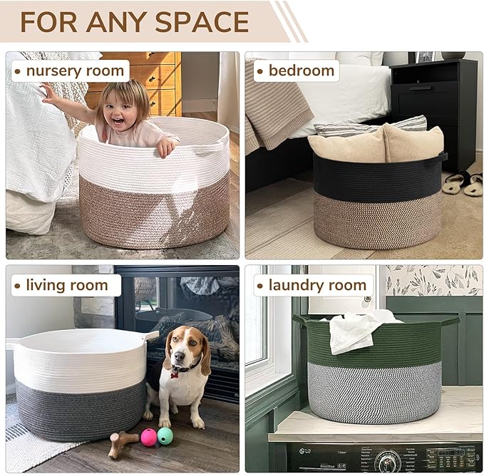INDRESSME Large Storage Baskets for Organizing, 21.7 x 13.8 Blanket Basket Living Room Dog Toy Bin, Woven Laundry Basket for Dirty Clothes, Pillows, Towel, 90L Mix Black