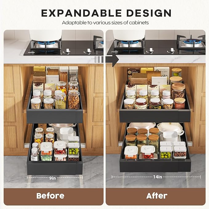 Seinloes 2 Pack Pull Out Cabinet Organizers 21" Deep With Raising Pad for Framed Cabinets, Expandable Width (9"-14") Slide Out Drawers Upgrade 3 Slide Rails, Roll Out Shelves Adhesive, Black