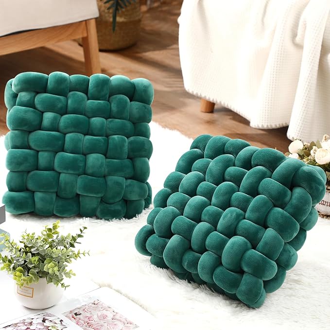 Wenqik 2 Pcs Knot Pillows Square Knotted Plush Throws Soft Accent Pillows Decoration Cushion for Couch Home Office Living Room Bedroom Bed Sofa Decor, 12'' x 13''(Dark Green,Crystal Velvet)