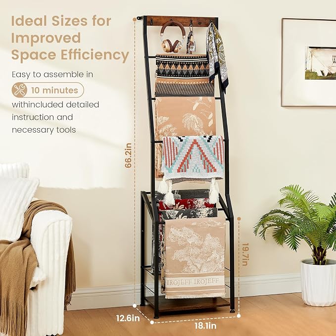 Pinzoveco Blanket Ladder, 7 Tier Wooden Ladder Shelf with Hooks, 5.5ft Blanket Holder Rack Farmhouse Ladder Rack for Storage and Home Decor, Rustic Brown and Black