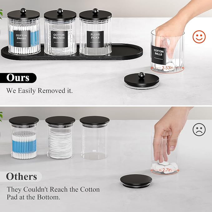 masadi 4 Pack Glass Qtip Holder Set with Tray- Bathroom Countertop Set Organizers, Cotton Round Swab Holder Dispenser Cotton Ball Holder, Apothecary Jars with Lids, Floss Pick Containers - ms Black