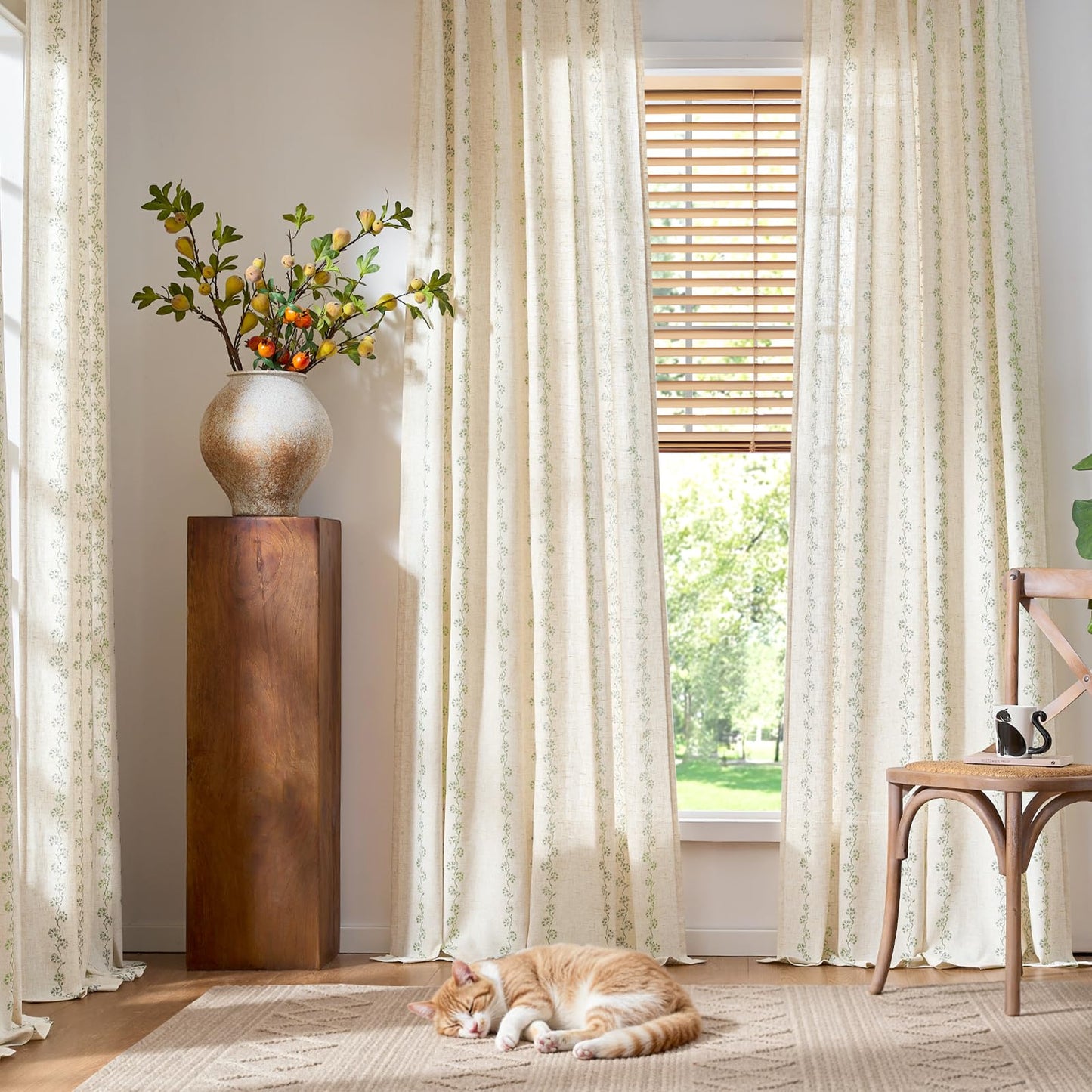 Lazzzy Cathy Linen Floral Curtains for Living Room 84 inch Length 2 Panels Set 7 ft Farmhouse Printed Curtains for Bedroom Spring Decor for Window W50 x L84 Sage Green on Linen