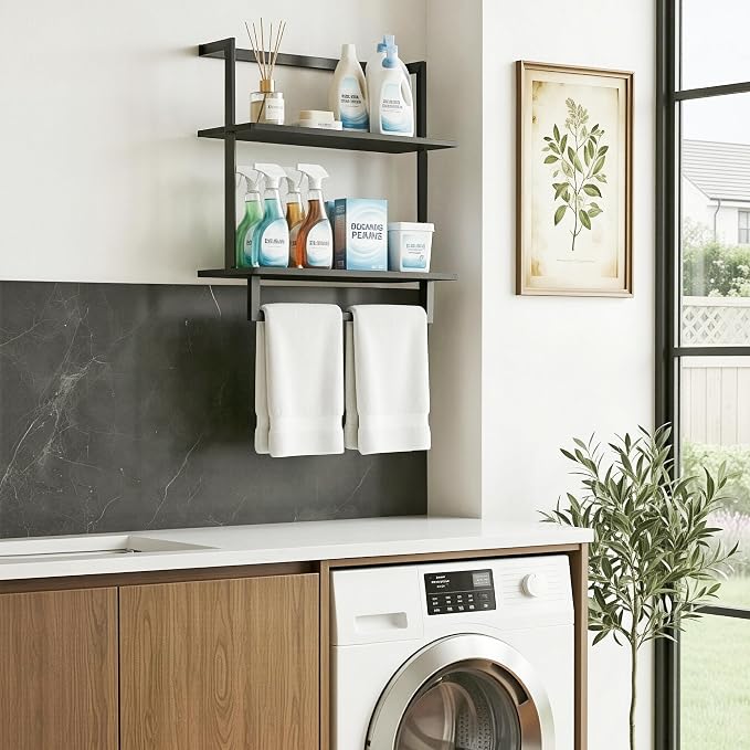 Wall Mounted Towel Rack for Bathroom, Bath Storage Holder 3-Tier Steel Wood Towel Shelf with Bar, Black