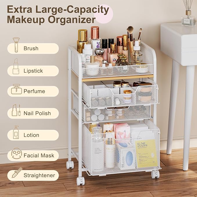 Hongtamoya Makeup Organizer Cart with Drawers, Floor Skincare Organizers Make Up Organizers Vanity Organizer Cosmetic Display Cases Holder for Skin Care Perfume Nail Polish Brush Hair Tool, White