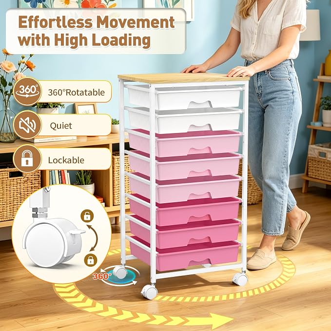 SUNALLY Rolling Storage Utility Cart With 8 Drawers, Storage Drawer Cart with Wooden Tabletop and 2 Lockable Wheels, 8 Tier Rolling Cart for Craft Art Supply Storage & Home Office Organization, Pink