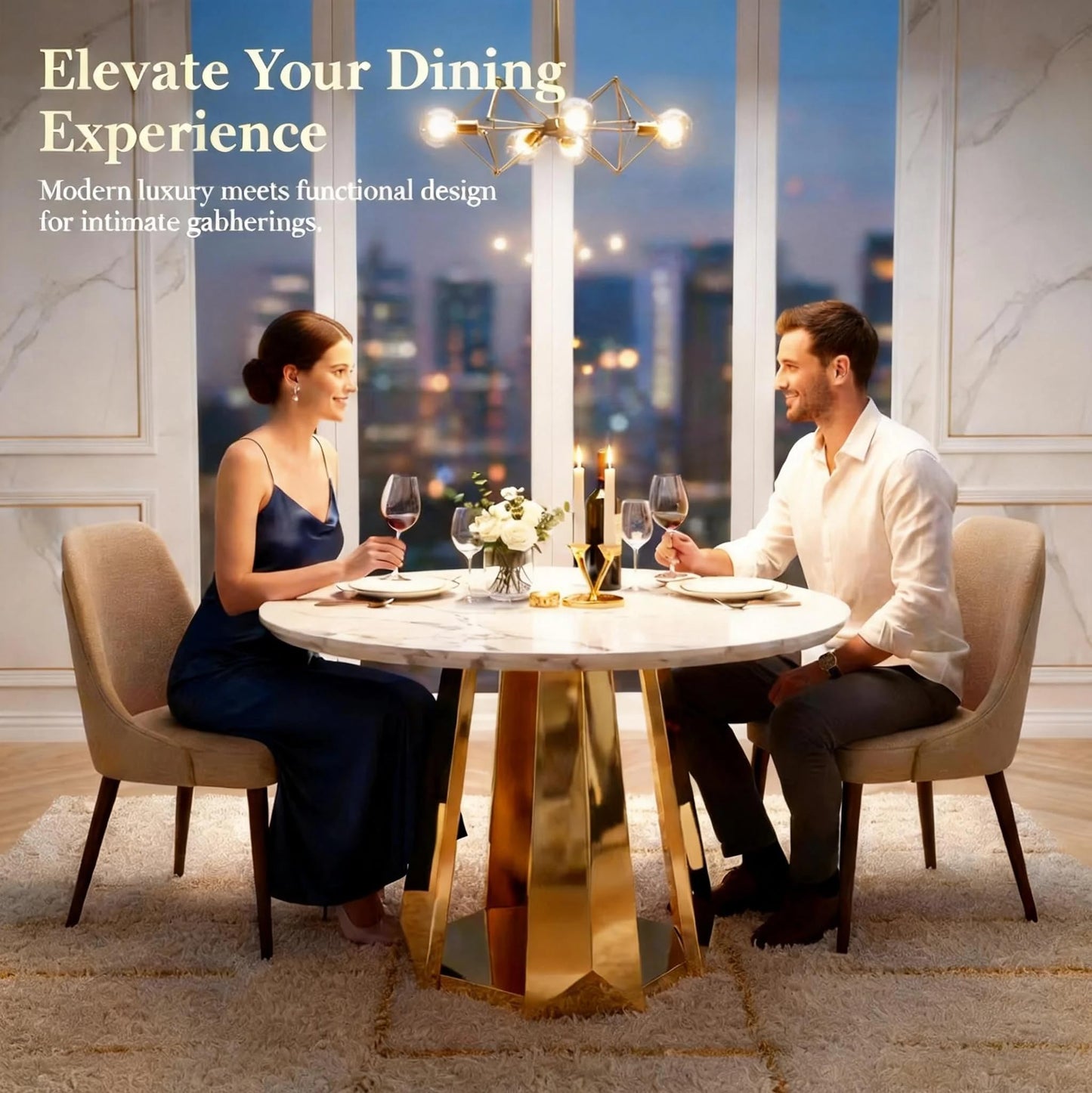 Glyph Form Round Faux Marble 47" Dining Table for 4-6, Luxury Gold Kitchen Table with Stainless Steel Base, Easy to Clean & Heavy Duty Modern Dining Room Table for Home Office, White, MDF(Table Only)
