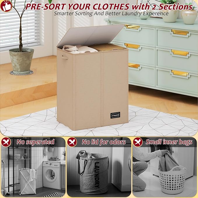 150L Laundry Hamper 2 Section, Large Laundry Hamper with Lid, Dirty Clothes Hamper with 2 Removable Inner Bags, Collapsible Laundry Basket Organizer for for Clothes Toys Towels, Hamper 2 Compartment