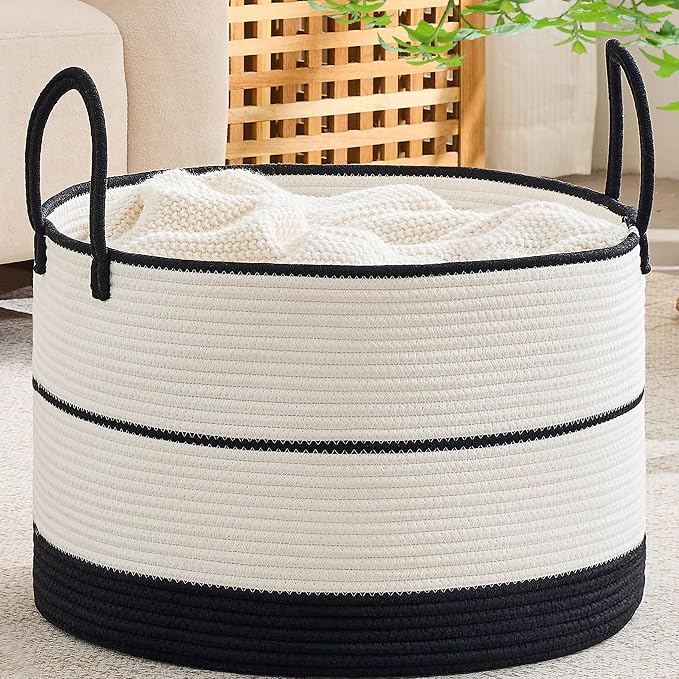 KAKAMAY Cotton Rope Storage Basket (20"x13"),Woven Hamper for Blankets,Toys,Pillows,Clothes,Laundry,Sturdy Handles Decorative Basket for Living Room, Bedroom,Nursery(Black/Beige)
