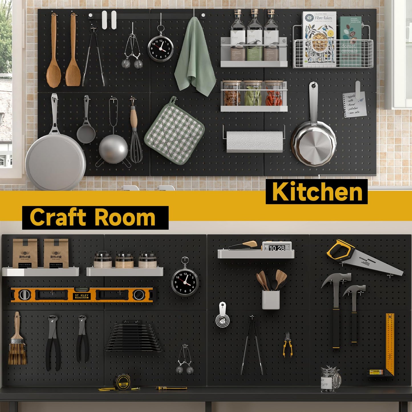 GEDELITE 74PCS Pegboard Wall Organizer, 4 Pack Metal Pegboard Panels with 70 Hooks, 32" x 24" or 64" x 12" Black Peg Board for Walls, Garage, Craft Room, Cold-Rolled Steel