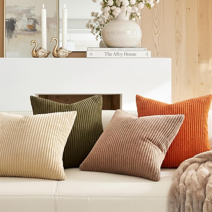 Topfinel 20x20 Sofa Pillow Covers Rust and Olive Green Velvet Throw Pillow Covers Boho Farmhouse Cushion Cases Soft Corduroy Fall Home Decor for Couch Bed Sofa Living Room Pack of 4