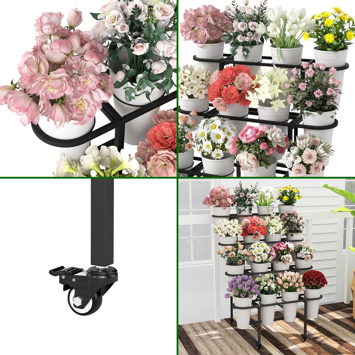 YAGEANNL 4 Tier Flower Display Stand, Metal Flower Bar Stand for Fresh Flowers Without 16pcs Buckets, Heavy Duty Garden Flower Cart Display Stand with Wheels