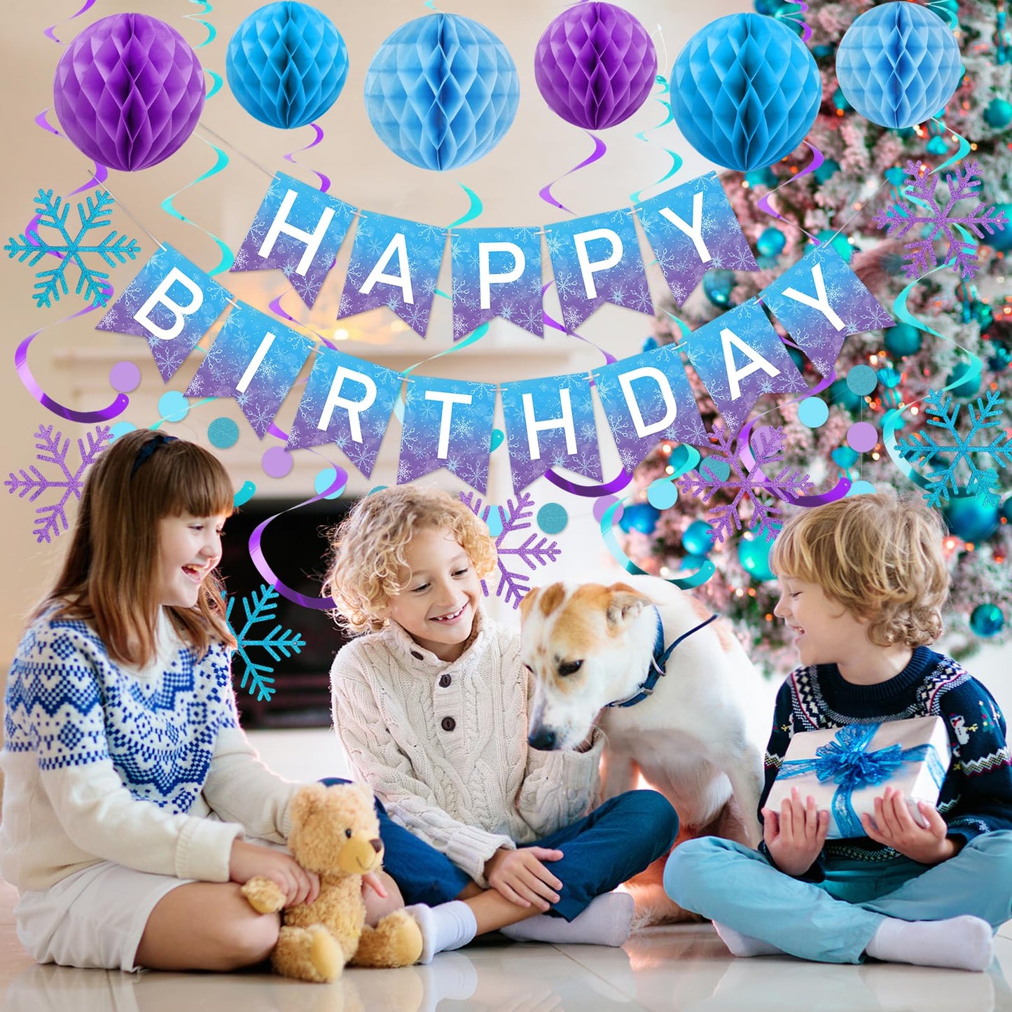 meowtastic Frozen Birthday Party Decorations - Happy Birthday Banner with Honeycomb Balls, Snowflake Hanging Swirls Streamers, Circle Dots Garland Decorations - Party Decor for Boys Girls (Frozen)