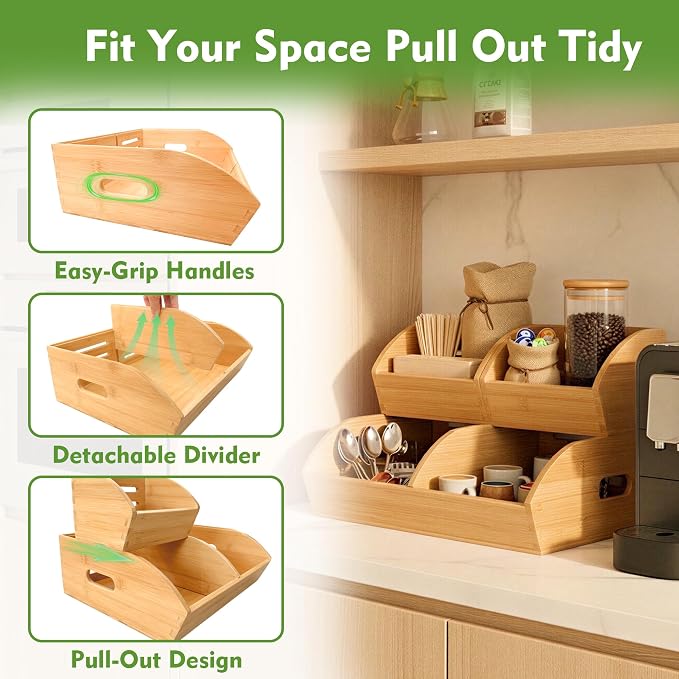 Potato and Onion Storage Bin for Pantry and Kitchen, Ventilated Stackable Bamboo Storage Bins with Handles - Multipurpose Organizers, Produce Containers for Bread, Vegetable, Fruit (Natural, 3 Pack)