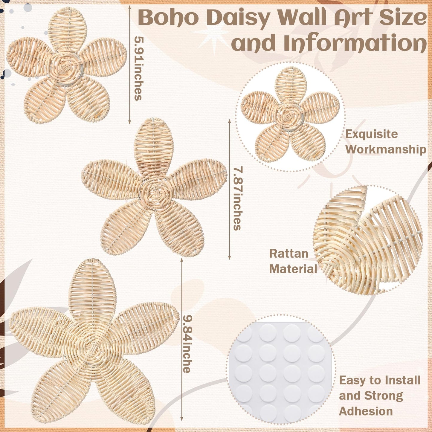 Wesiti 3 Pcs Rattan Flower Wall Decor Boho Daisy Nursery Decoration Woven Rattan Flower Wall Art for Home Nursery Bedroom Farmhouse Decorations Housewarming Gifts