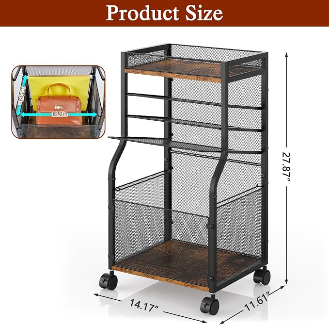 5-Tier Rolling File Cart with Lockable Wheels, Mobile File Cabinet for Hanging File Folders Sliding Trays, Under Desk Storage, Paper Organizer Utility Cart Filing Cabinet for Office, Home, School