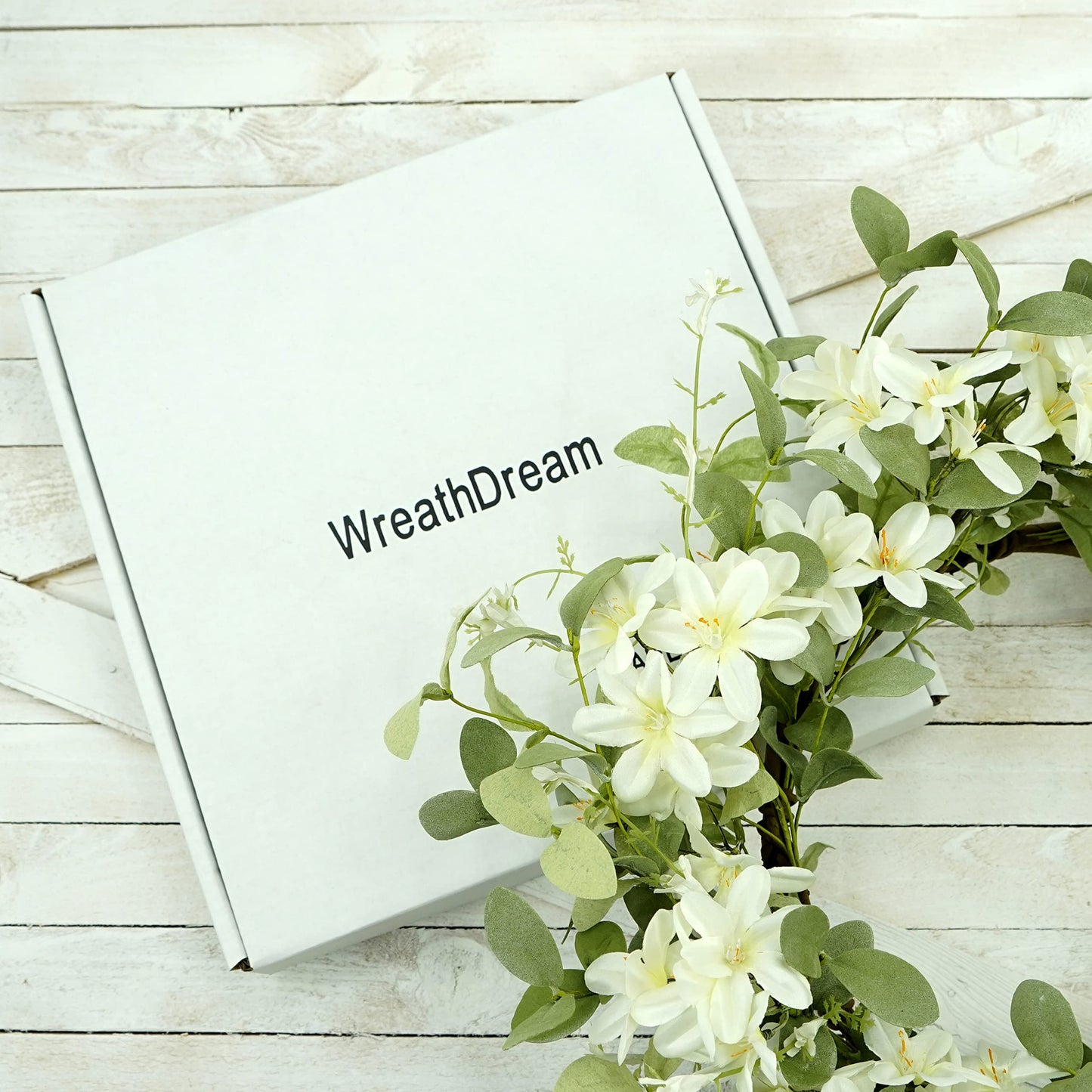 WreathDream 18'' Spring Wreath Summer Wreath for Front Door with Green Eucalyptus Leaves and White Cherry Blossoms for Home Outdoor Farmhouse Porch Wall Decoration, White Gift Box Included