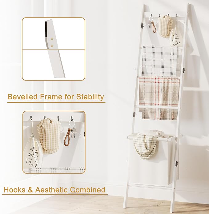 BAMBANG Bamboo Blanket Ladder with Basket, 5-Tier Quilt Rack Stand with 4 Hooks & Storage Hamper for Living Room Bathroom, Wall Leaning Decorative Ladder Shelf for Blankets Display (White)