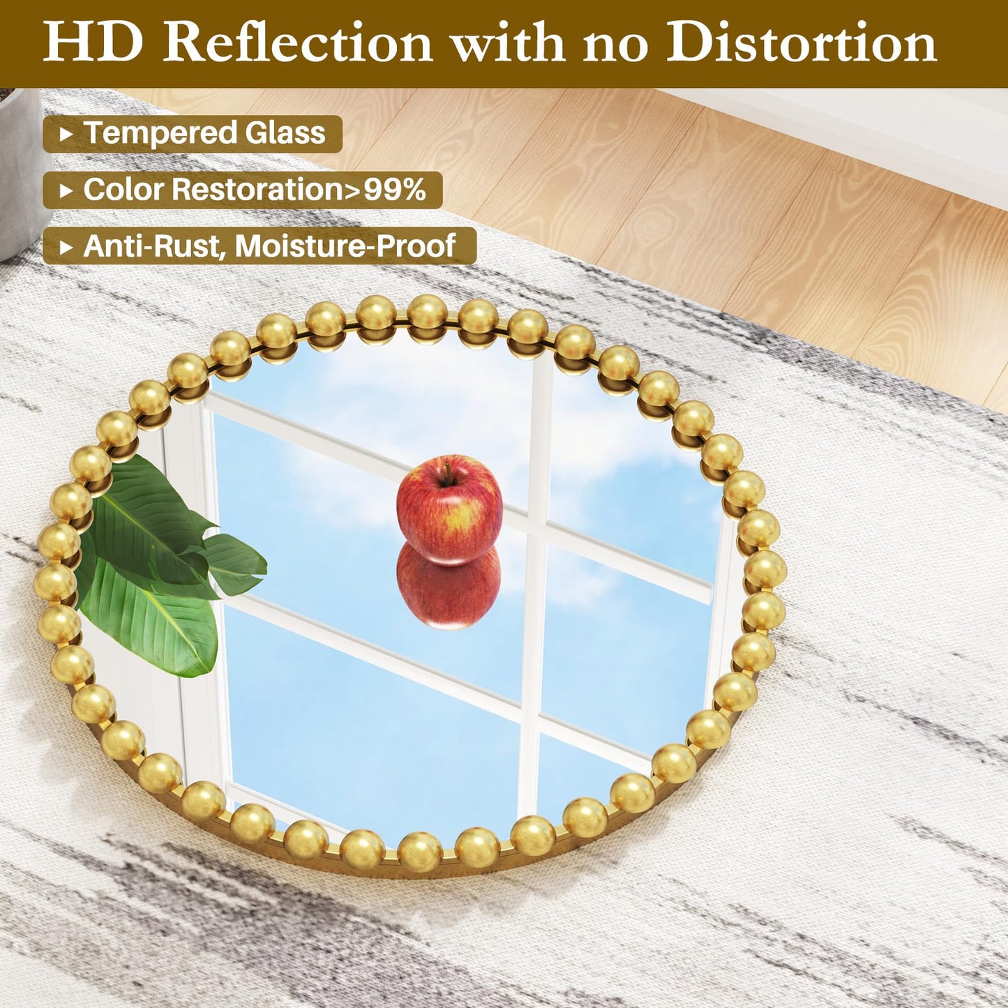 PERHOM Wall Mirror Decor Modern - Round Gold Large Beaded Mirror Decor,Circle Wall Mirror for Hallway,Bathroom,Living Room,Dining Room,Badroom,Entryway,27'' Metal Framed