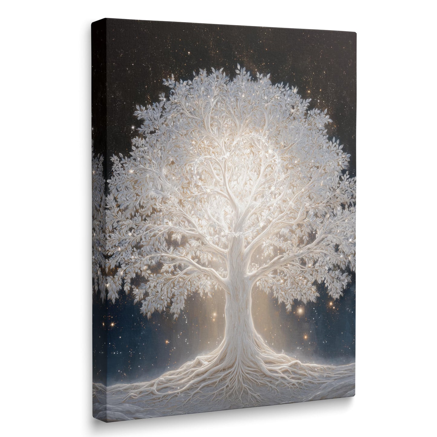 Glowing Tree of Life Under Starry Night Sky Abstract Canvas Wall Art Framed Mystical Fantasy Nature Painting Prints Posters Artwork for Modern Living Room Bedroom Wall Decor Unique Gift 12x16 Inches