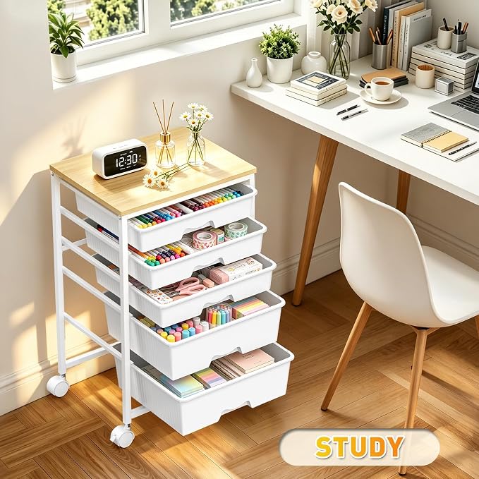 SUNALLY Rolling Carts With 5 Drawers, Storage Drawer Carts with Wooden Tabletop and 2 Lockable Wheels, Rolling Utility Cart for Craft Art Supply Storage & Home Office Organization, White