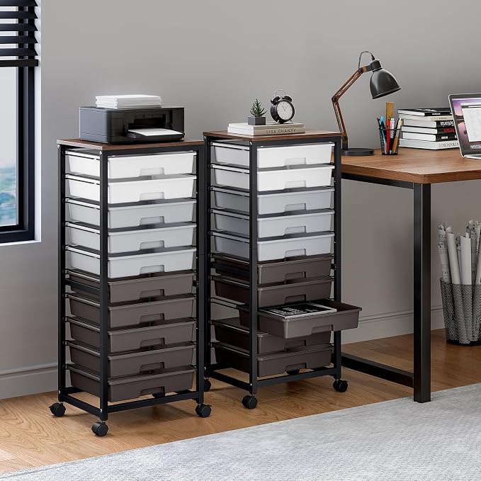 SYKIARIOL Rolling Cart with Drawers,10 Drawer Rolling Cart,Storage Cart,Utility Cart,Teacher Cart for Classroom Storage,Craft Cart with Wheels and Wooden Tabletop,Grey