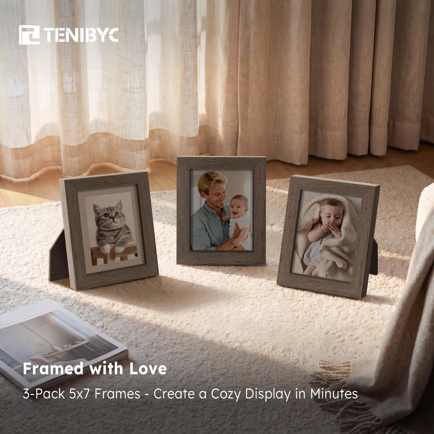 TENIBYC 5x7 Picture Frame 3 Pack with HD Glass - Brown Walnut, Natural Wood Photo Frame, Table Decoration