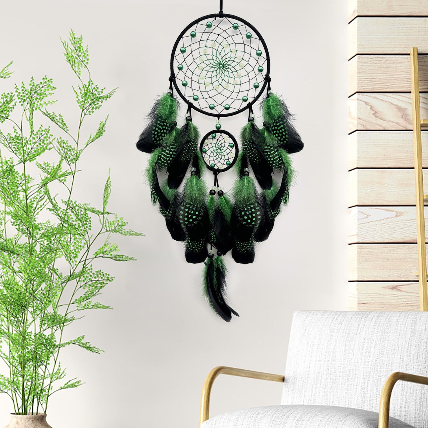 SOYUZU Green and Black Dream Catcher Wall Decor Feather Dream Catchers with Luminous Bead Handmade Dreamcatcher Wall Hanging Ornament for Bedroom Living Room Home Decor