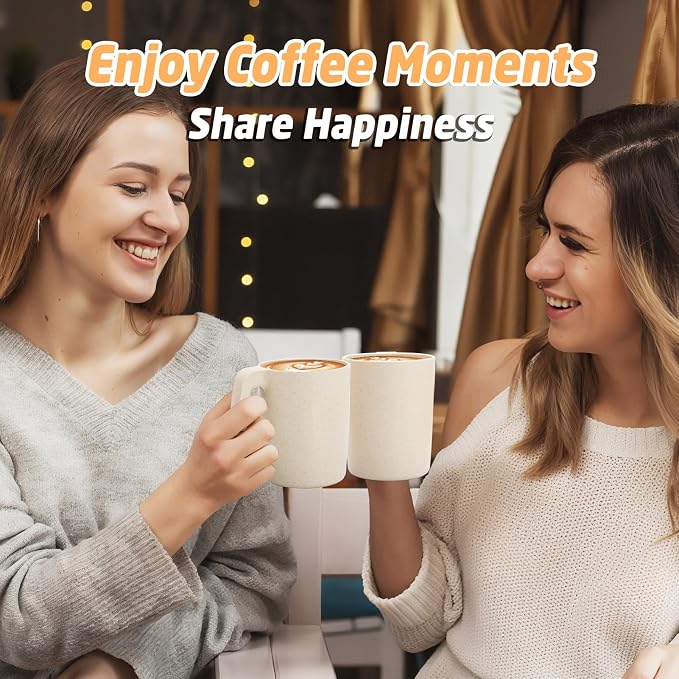 Coffee Mugs Set of 6, Wheat Straw Cups 16 oz, Resuable Plastic Coffee Cups With Handle, Unbreakable & Stackable Kitchen Cup, Microwave safe Drinking Glasses for Tea, Juice and Water - Beige