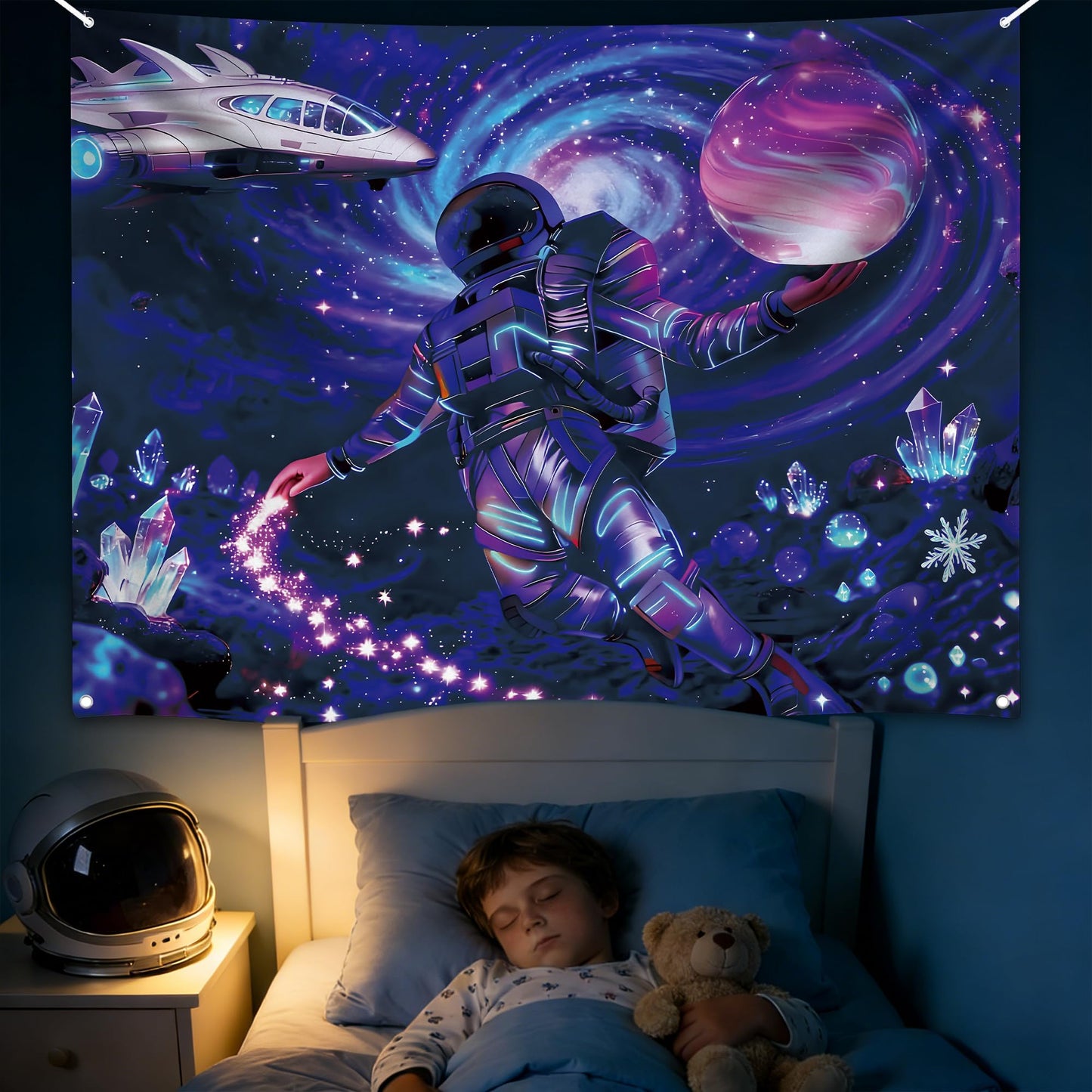 Kosydown Basic Astronaut Space Tapestry Glow in the Dark Room Decor Wall Tapestries, Cool Galaxy Planet Wall Hanging for Men Guys Gamer Room Dorm Living Room 50" L x 40" W