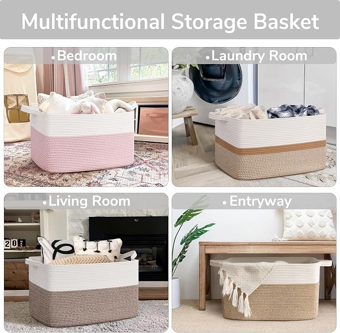 Goodpick Large Woven Blanket Basket 21.6" x 14.9" x 11.8" Storage Baskets for Organizing, Baby Laundry Hamper for Nursery Bedroom, Soft Toy Storage Baskets for Kids Girls, White & Pink