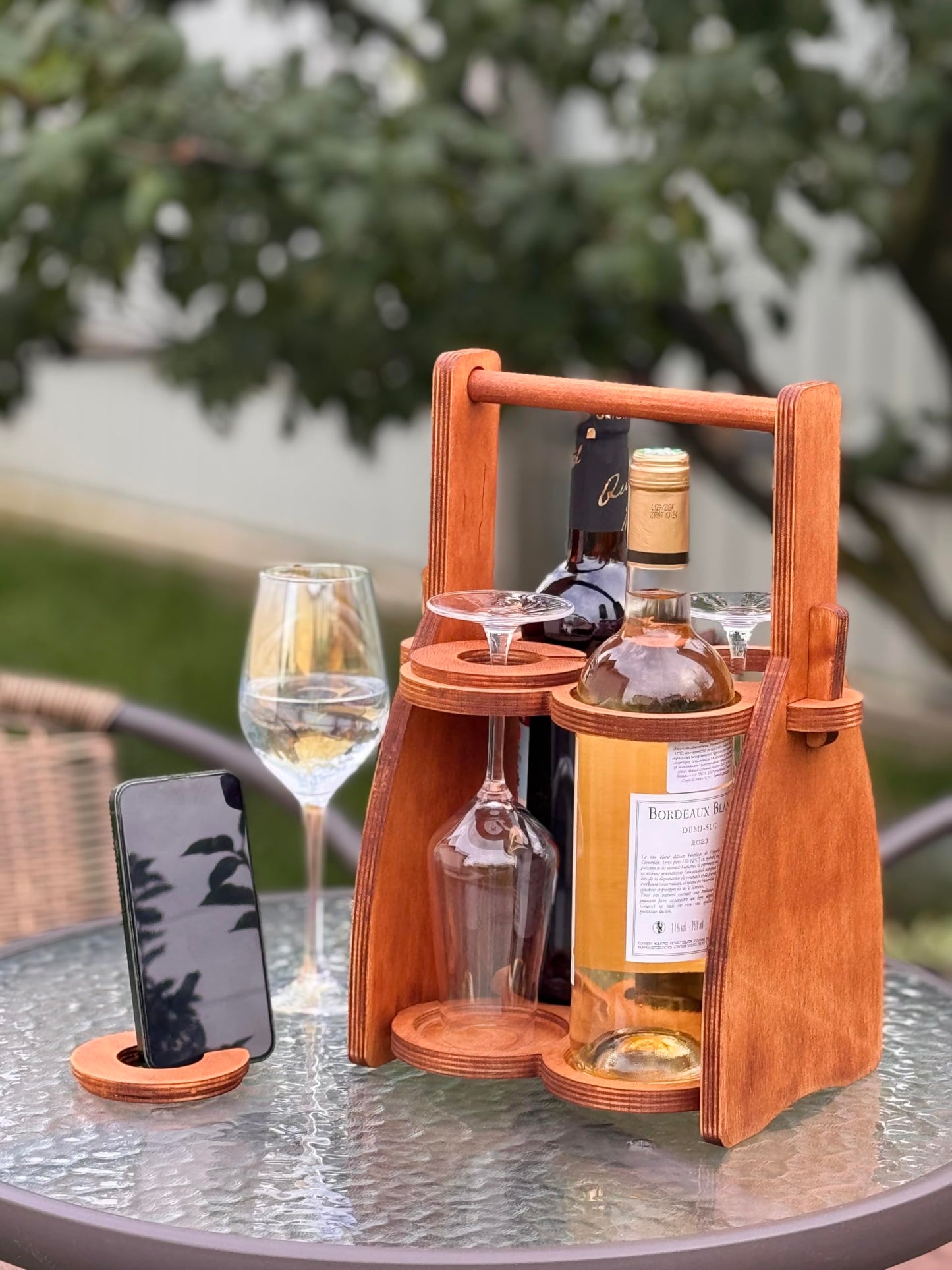 ROSTMARYGIFT Wood Wine Bottle and Glasses Caddy - Beer Carrier - Drinking Desk Accessories - Men's Organizer - Glass Tray Holder - Storage Stand - Drink Holder for Beer