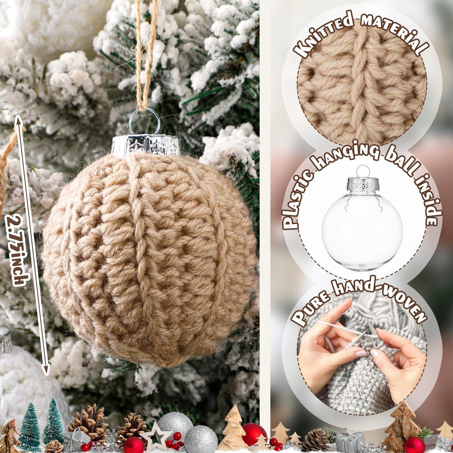 Vercraft 6 Pcs 2.75 Inch Crochet Christmas Ornaments Balls Christmas Knitted Ornaments Neutral Hanging Decoration Handmade Crochet Decoration for Xmas Tree Rustic Neutral Xmas Decor(Beige)