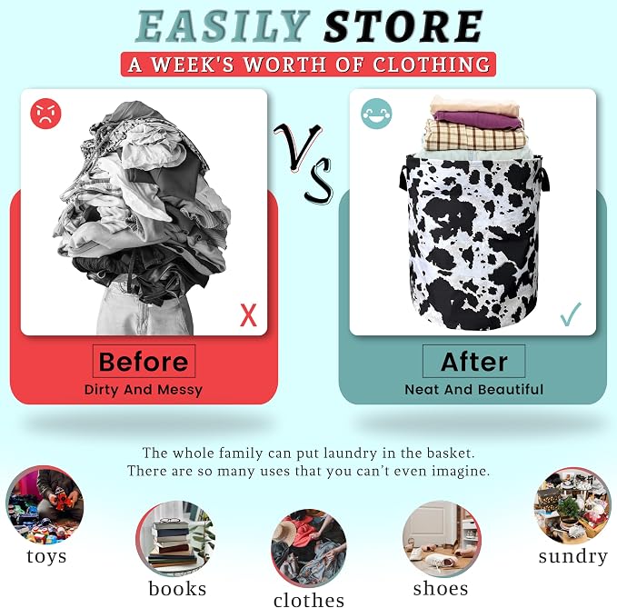 Retro Black White Cows Print Laundry Basket Foldable With Handles CowTote Bag Oxford Cloth Animal Laundry Hamper Clothe Storage Bucket Toy Organizer 18.9"x16.5"For Bathroom/Laundry/Bedroom