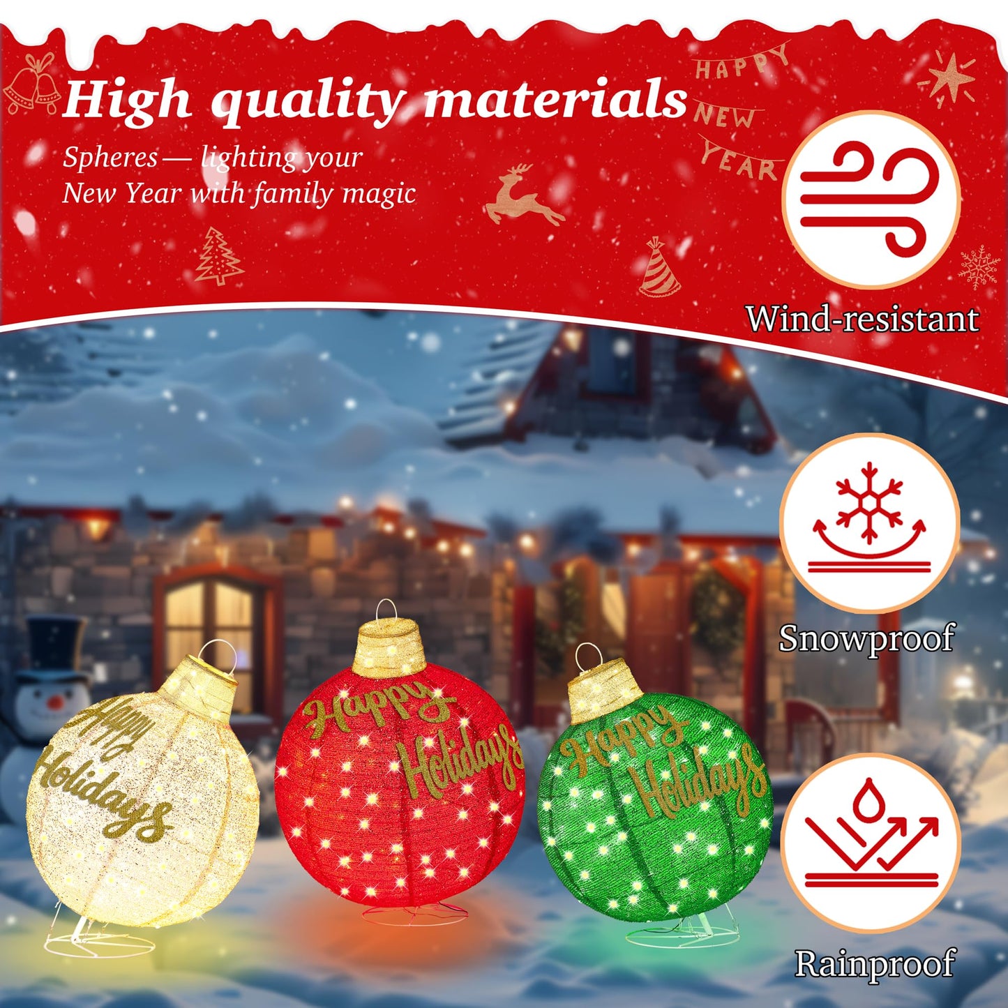 3Pcs 3FT Lighted Christmas Ornament Set Expandable Outdoor, Indoor Holiday Decor with 290 LED Lights, Easy Assembly & Weatherproof, Red & Green & Gold Light-Up Ball for Yard, Garden, Storefront.