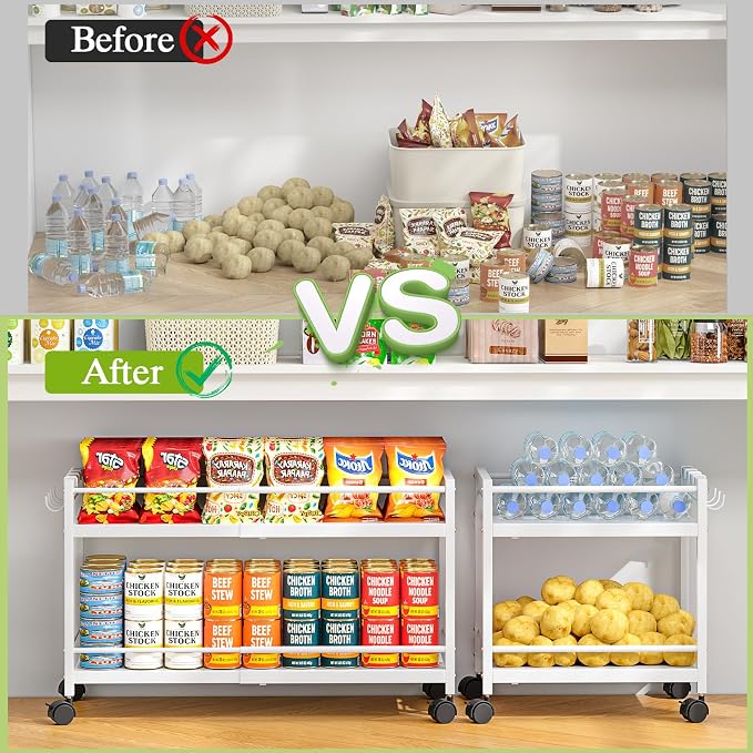 1 Pack 2-Tier Expandable Pantry Floor Organizer Cart, Rolling Pantry Storage Cart with Wheel, Adjustable Can Organizer for Kitchen Pantry, Pantry Shelves and Storage Rack for Snacks, Vegetables, White