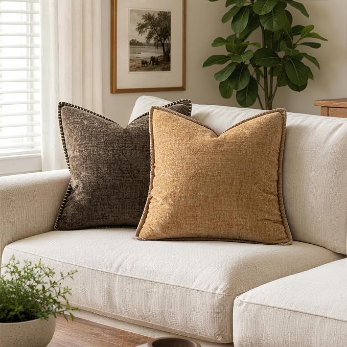 MIULEE Pack of 2 Couch Throw Pillow Covers 18x18 Inch Apricot Brown Farmhouse Decorative Pillow Covers with Stitched Edge Soft Chenille Solid Dyed Spring Pillow Covers for Sofa Bed Living Room