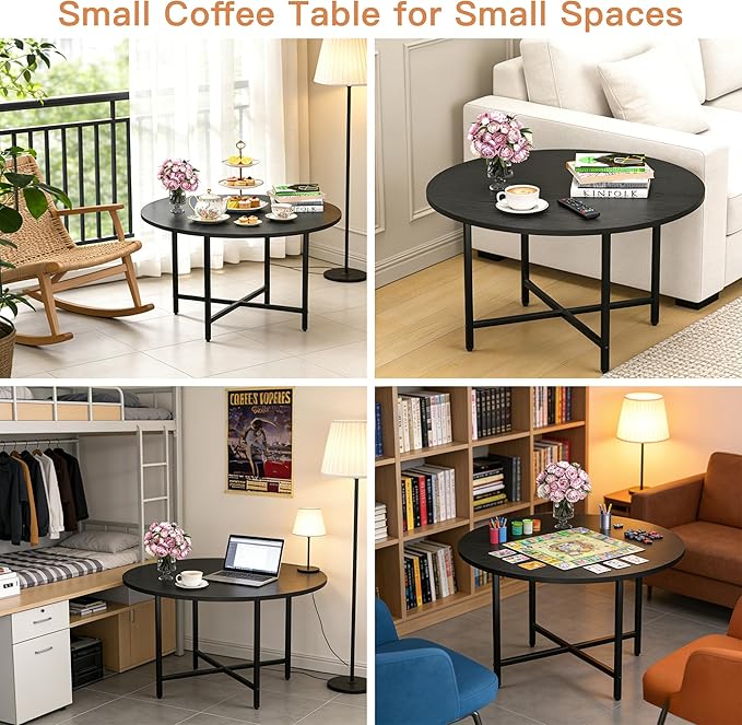 FAMIDGE Coffee Table, 23.6" Coffee Tables for Living Room, Round Coffee Table with Metal Frame, Floor Table for Sitting on The Floor, Home, Office, Black