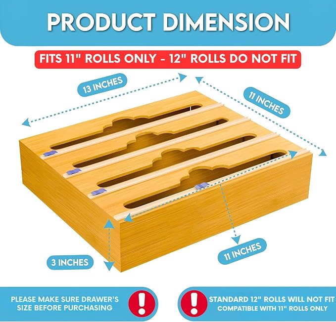 Bamboo Aluminum Foil Organizer & Plastic Wrap Dispenser with Cutter - 4 in 1 Parchment, Wax Paper & Saran Wrap Holder - Tin Foil Food Wrap Organizer for Kitchen Drawer, Countertop & Pantry