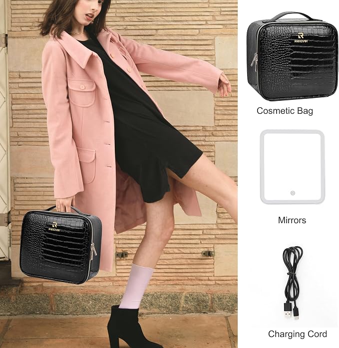 Relavel Makeup Train Case With LED Mirror, Professional Travel Cosmetic Bag with Removable Partitions,Compact Makeup Organizer, Waterproof Toiletry Case for Women, Black