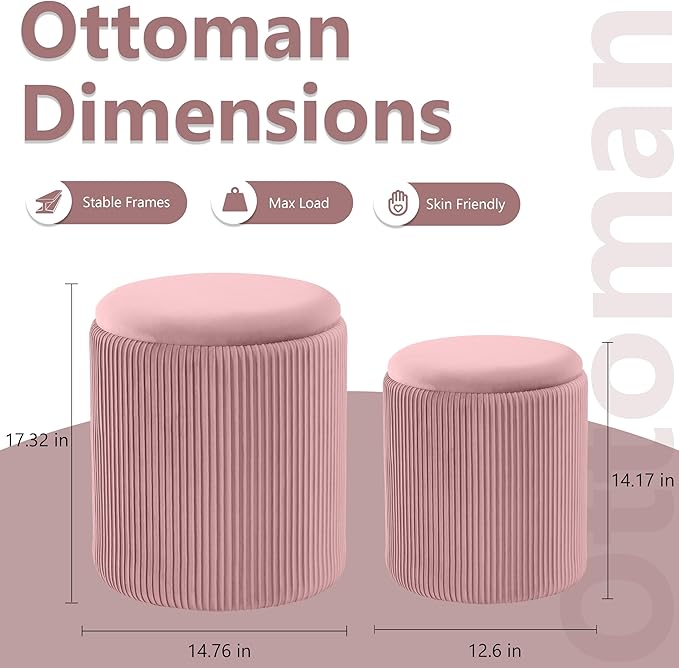Royal Windsor Round Ottoman with Storage Set of 2,Vanity Stool with Storage for Bedroom, Ottoman Coffee Table,Small Velvet Foot Stool for Living Room, Pink