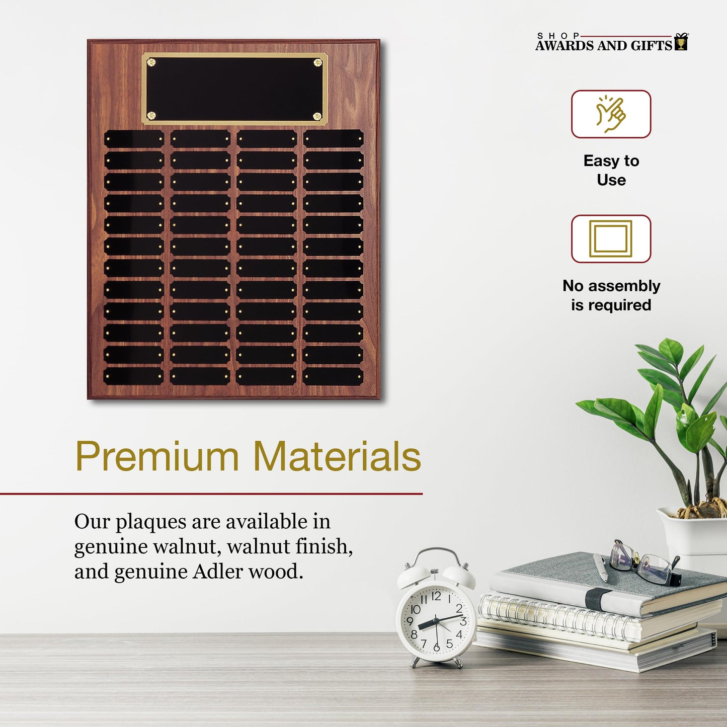 SHOP AWARDS AND GIFTS 16 x 20 Inch Perpetual Plaque Award Multiple Name Plate Board for Employee Appreciation, Recognition, Achievement, Walnut Finish with Black and Gold Header, 48 Name Plates
