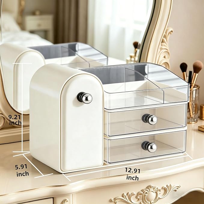 Makeup Organizer with Makeup Brush Holder, Cosmetic Organizer with 2 Drawer for Lipsticks, Perfumes, Eyeshadow Palettes and Nail Polishes (White)