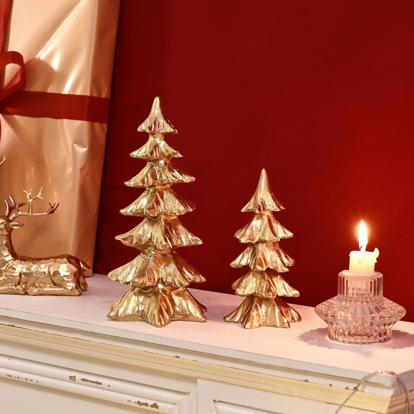 FESTGLOX Gold Christmas Tree Figurines, Small Resin Christmas Trees Home Decor, Tabletop Tree Set of 2, Decorative Xmas Trees for Christmas Decorations Indoor Mantle Centerpieces